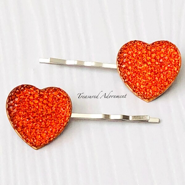 Orange Heart Bobby pins, 1 inch Heart, Valentine’s day Hair pins, Pave Style Rhinestone Heart, Heart Hair clips, Children’s Hair Accessory