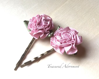 Ribbon Flower Hair pins, Mauve Pink Ribbon Bobby Pins - a pair, Vintage Hair pins, Wedding, Flower girl Hair pins, Vintage wedding Hair pins
