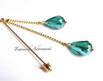 Hijab pin, Hijab pin, Green Teardrop Crystal Double Dangle Hijab Pin, Ramadan Eid gift, Gift for her, Scarf Pin, Shawl Pin, Stick pin, Hat