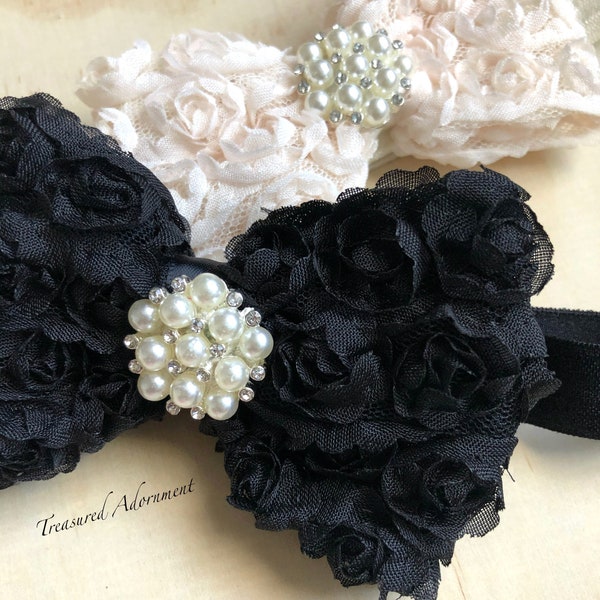 Black Shabby Rose Bow Headband, Baby HeadBand, Bow Headband, Pearls, Chic Baby Headband, Hair accessory Children Hairbow, Pearl Hairbow