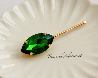 Peridot Rhinestone Hair pin,  Green Rhinestone, Marquis on Silver pin, wedding hair accessory, Bridal Bridesmaids Hair pin, Green Wedding