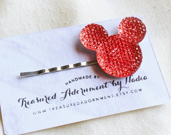 Mickey Mouse Hair pin,  Pave style Salmon pink Resin Rhinestone, Gift Under 5,  Bobby pin, Hair clip, Photography Prop, Trip to Disneyland