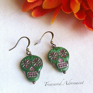 Sugar Skull Earrings, Green, Czech Glass Skull Beads Earrings, Calavera Earrings, Dia de Los Muerotos Earrings, Day of the dead, October