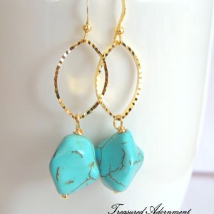 Turquoise Earrings, Turquoise Howlite and Gold Leaf, Long Earrings, Holiday gift for her, Christmas gift, Birthday gift