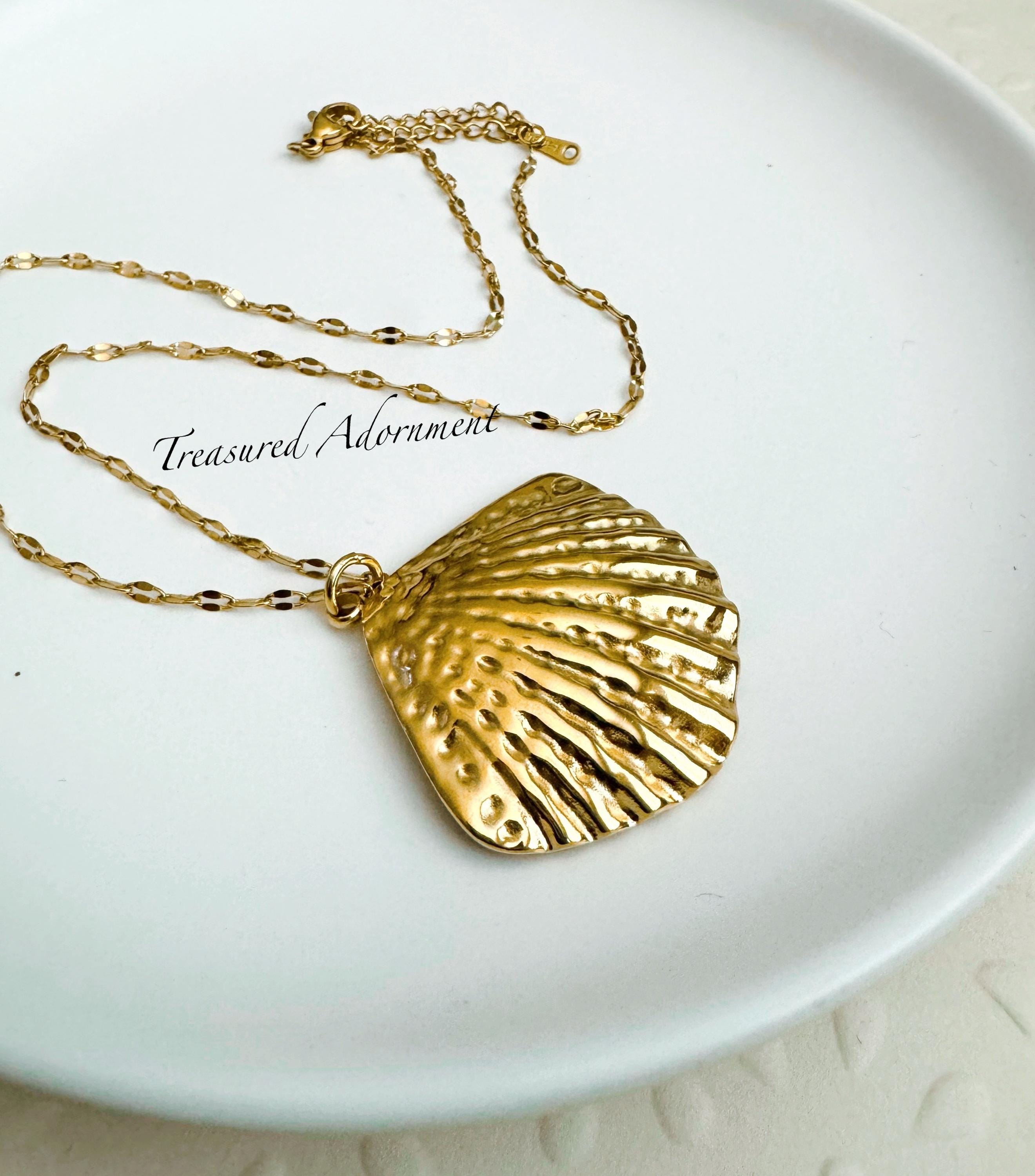 18K Gold Plated Seashell Necklace: Large Shell Pendant, Stainless