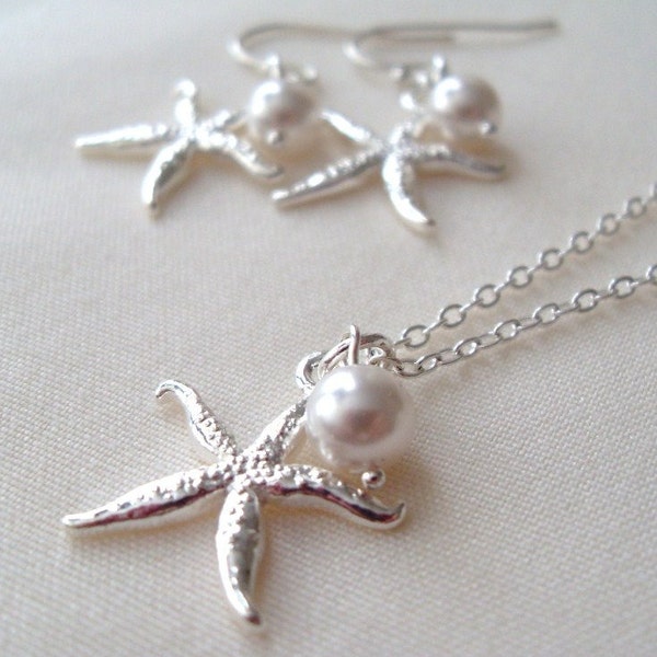 Bridal Jewelry set, Silver Starfish and Swarovski Pearl Necklace and Earrings set, Bridesmaids jewelry set gift, Wedding