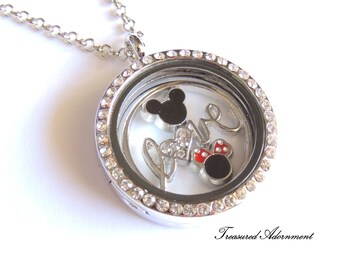 Mickey and Minnie Inspired Necklace, Floating Locket Necklace, Love Disney Necklace, Valentine&#39;s Day gift, Birthday Gift for Disney Lover