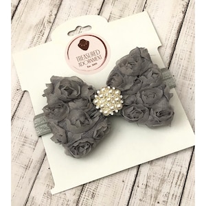 Gray Shabby Rose Bow Headband, Gray Bow Baby Headband, Pearl Bow Headband, Valentines Day Headband, Hair accessory Children Hairbow