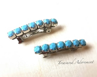 Turquoise Preciosa Rhinestone Barrettes, set of 2, Tiny Barrettes, children, baby, flower girl, Turquoise crystal, Something Blue Hair Piece