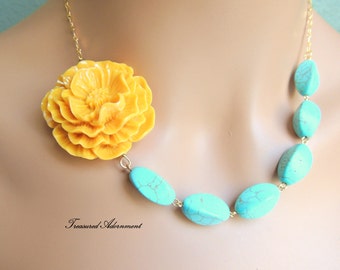 Bloemenketting, turquoise ketting, gele bloem, asymmetrische ketting, Ramadan Eid cadeau, verjaardagscadeau, Dank u cadeau, afstudeercadeau