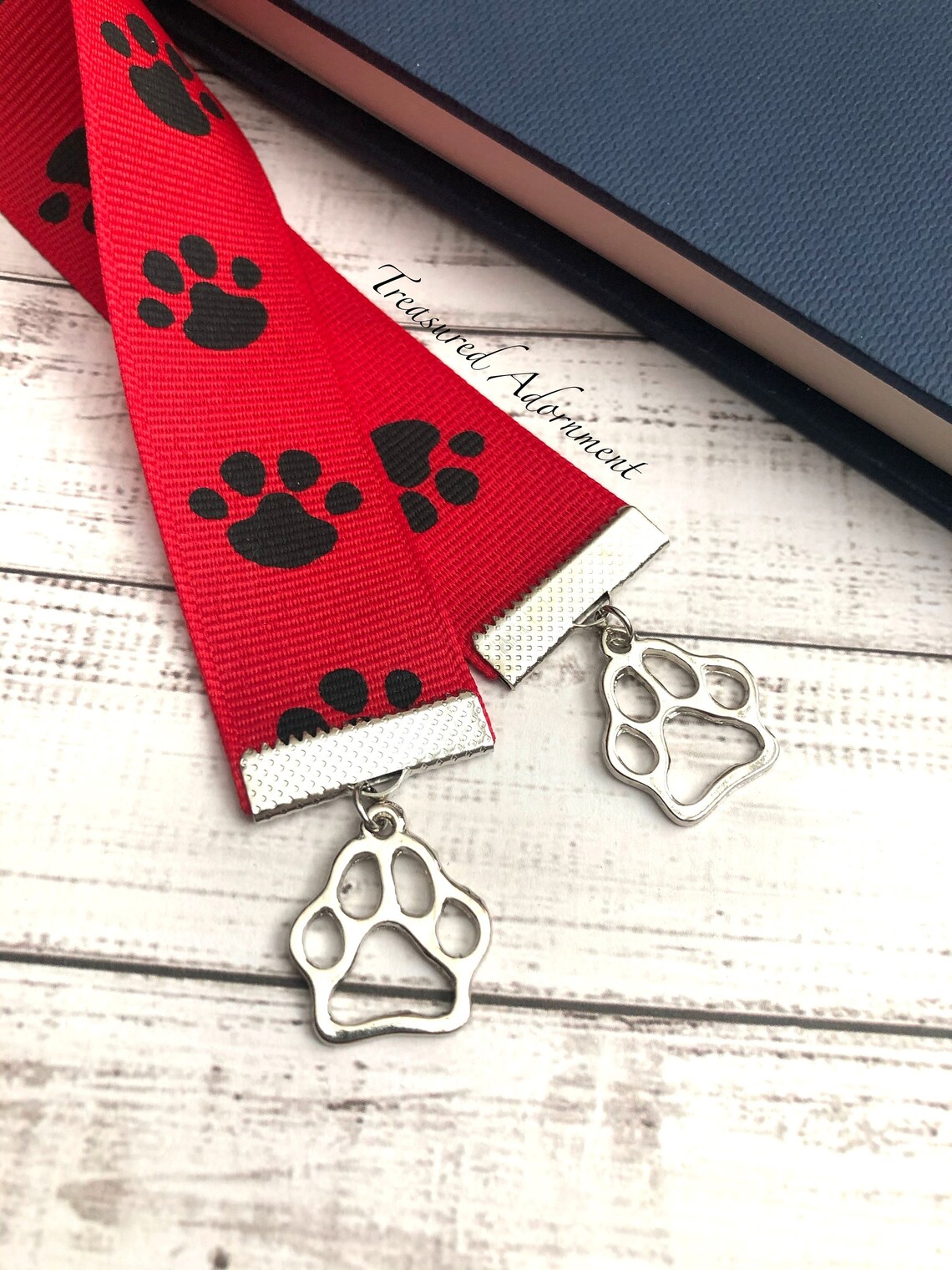 Bookmark Paw Print Charms Ribbon Bookmark Red Ribbon Gift Etsy