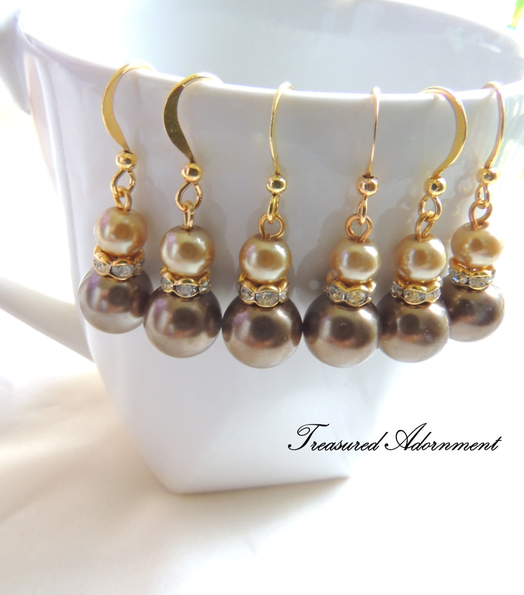 Bridesmaids Earrings, Chocolate Brown and Champagne Glass Pearls