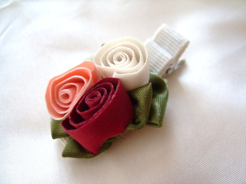 Rose Hair Clip, triple rose, Flower Hair Clip for Babies Children, Baby Hair accessory, Red Pink White, Christmas Hair clip, Valentines Day image 1