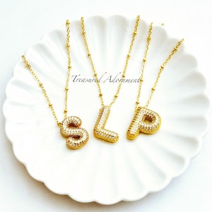 Collar con letra de burbuja, chapado en oro de 18 quilates, collar con letra de globo, colgante de circonita cúbica, elige tu letra