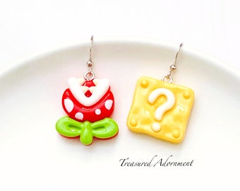 Super Mario inspired Earrings, Video Game Earrings, Birthday Party, Piranha plant, Question Box, Gamer gift, Valentine's Day