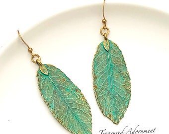 Patina Leaf Earrings, Raw Brass Earrings, Nature Earrings, Leaf Earrings, Turquoise Patina Leaf, Thank you gift