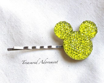 Mickey Mouse Inspired Hair  pin,  Pave style Lime Green Resin Rhinestone, Gift Under 5, Hair clip, Photography Prop, Trip to Disneyland