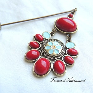 Hijab pin, Red and Turquoise Dangle Hijab pin, Shawl Pin, Scarf pin, Birthday gift present, Stick pin Hat pin, vintage, Holiday gift present