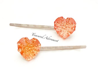 Peach Heart Bobby pins, Valentine's day Hair pins, Rhinestone Heart, Heart Hair clips, Children's Hair Accessory, Valentine Outfit