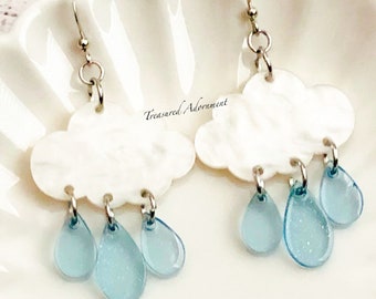 Rain Cloud Earrings, Rain Drop Earrings, Acrylic Earrings, Miniature Earrings, Rain Jewelry, Weather, Trending Jewelry