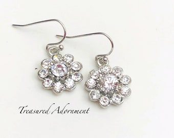Bridal Earrings, Vintage Style Rhinestone Flower Dangle