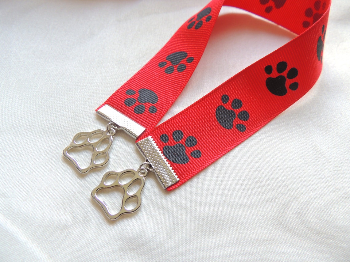 Bookmark Paw Print Charms Ribbon Bookmark Red Ribbon Gift Etsy