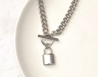 Toggle Necklace, Lock necklace, Stainless Steel Curb Chain, Padlock Necklace, Stainless Steel charm