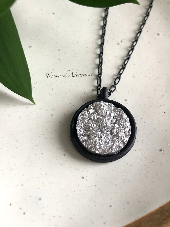 Druzy Necklace, Resin Silver Druzy, Round, Matte Black Necklace