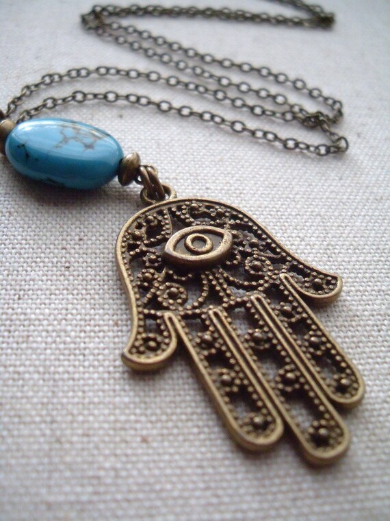 Evil Eye Hamsa and Turquoise Long Necklace, Vintage Style
