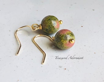 Orecchini pendenti con pietra preziosa Unakite, placcati in oro, 8 mm