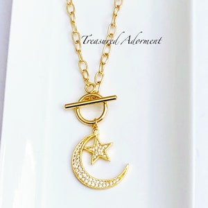 18K Gold plated Necklace, Toggle Necklace, Crescent Moon and Star, Cubic Zirconia, Islamic Jewelry, Ramadan, Eid gift, Celestial Jewelry