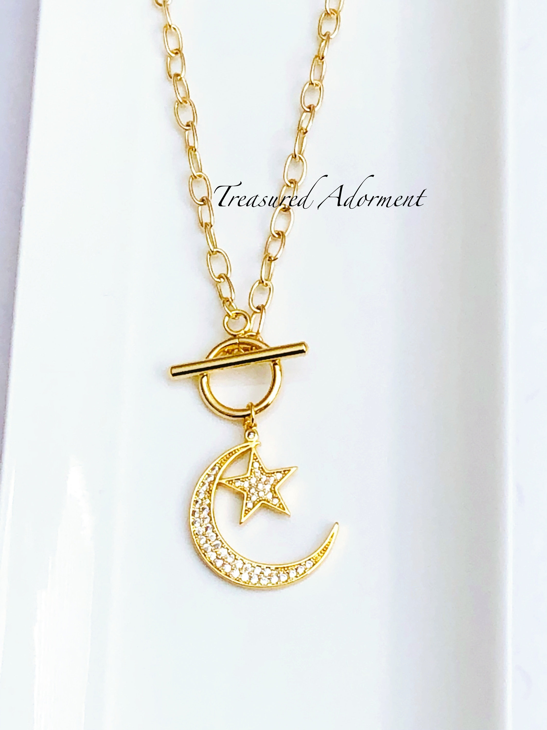 18K Gold Plated Necklace, Toggle Necklace, Crescent Moon and Star
