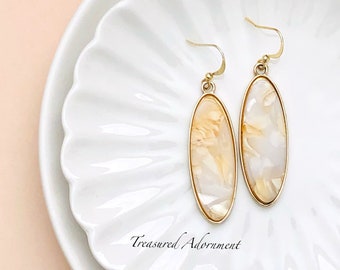 Oval Earrings, Beige Honey gold,  Mother of Pearl, light weight earrings, acrylic, gold tone, minimalist earrings, Birthday gift