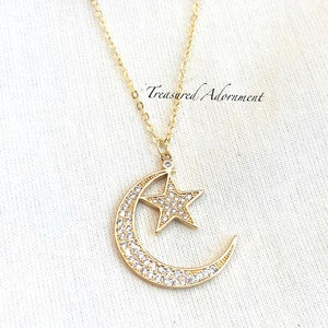 18K Gold plated Necklace, Crescent Moon and Star, Cubic Zirconia Pendant, Islamic Jewelry, Ramadan, Eid gift, Celestial Jewelry necklace