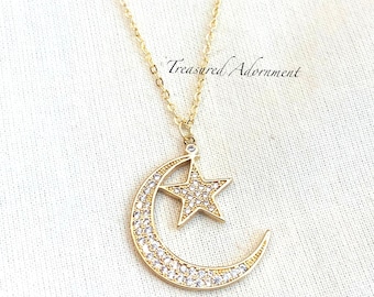 18K Gold plated Necklace, Crescent Moon and Star, Cubic Zirconia Pendant, Islamic Jewelry, Ramadan, Eid gift, Celestial Jewelry necklace