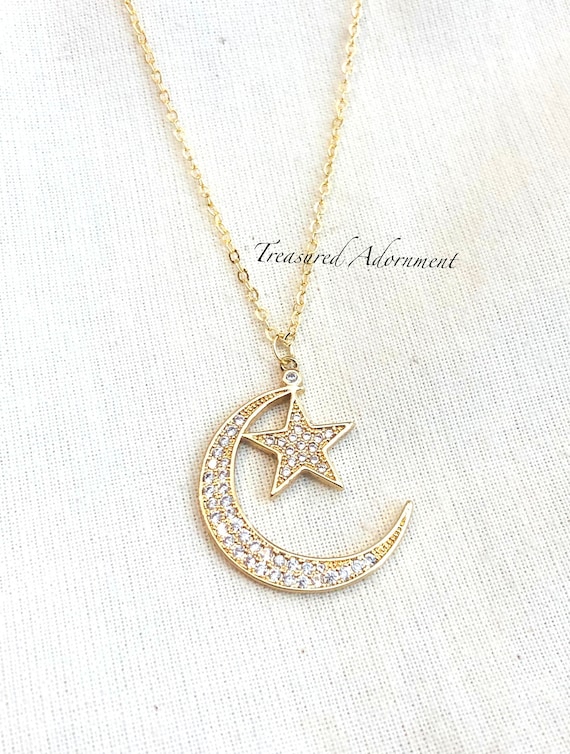 18K Gold Plated Necklace, Crescent Moon and Star, Cubic 18K Gold Plated Necklace, Crescent Moon and Star, Cubic