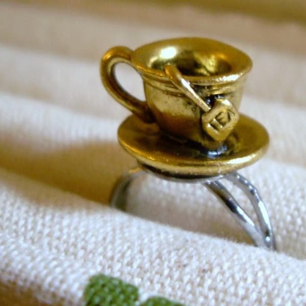 Tea Cup Ring with Tea Bag, Antiqued Gold, Adjustable Ring, Alice in Wonderland, tea party favor, fantasy whimsical gift, Gift for tea lover