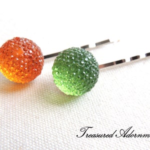 Pave Style Acrylic Rhinestone Ball Bobby Pins, Orange, Light Green, set of 2, Children Hair Accessory, St. Patrick&#39;s day, Kiss me I&#39;m Irish