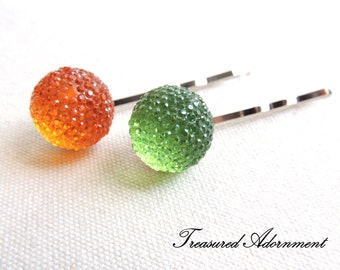 Pave Style Acrylic Rhinestone Ball Bobby Pins, Orange, Light Green, set of 2, Children Hair Accessory, St. Patrick's day, Kiss me I'm Irish