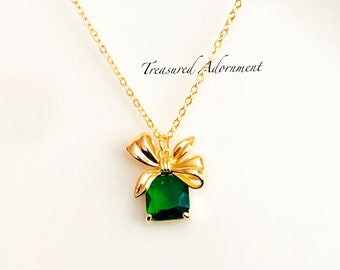 Cubic Zirconia Pendant, Bow Pendant, Emerald CZ, Green Cubic Zirconia, 18K Gold plated Necklace, Rectangle CZ, Ramadan Gift Eid gift