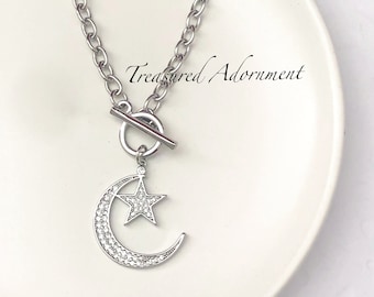 Moon Toggle Necklace, Crescent Moon and Star, Cubic Zirconia, Stainless Steel chain, Islamic Jewelry, Ramadan, Eid gift, Celestial Jewelry