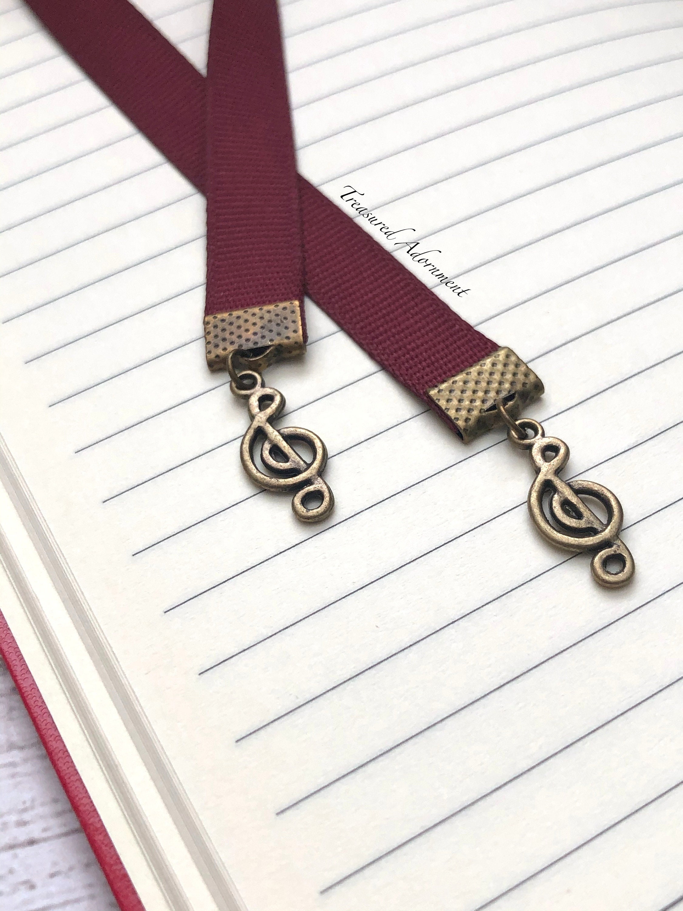 Trebl Ribbon Treble Clef Bookmark: Maroon Ribbon, Antiqued Bronze Charm - Etsy