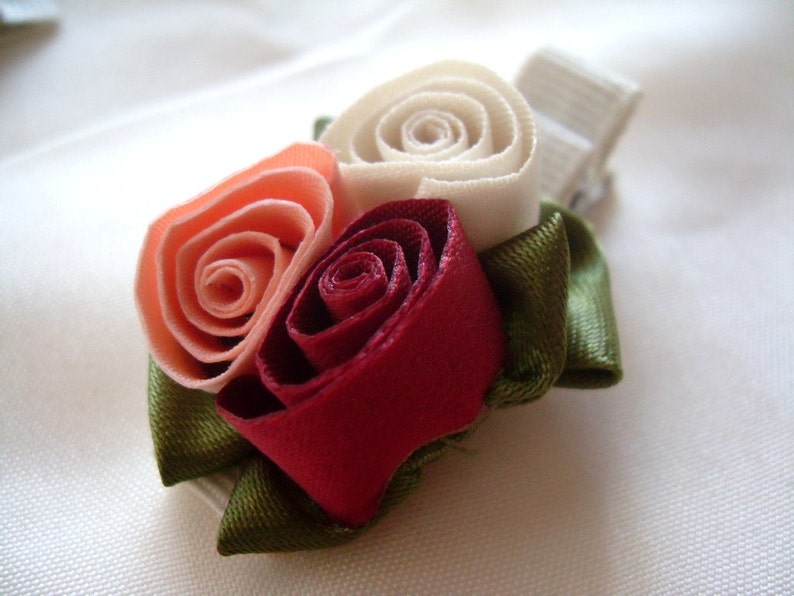 Rose Hair Clip, triple rose, Flower Hair Clip for Babies Children, Baby Hair accessory, Red Pink White, Christmas Hair clip, Valentines Day image 2