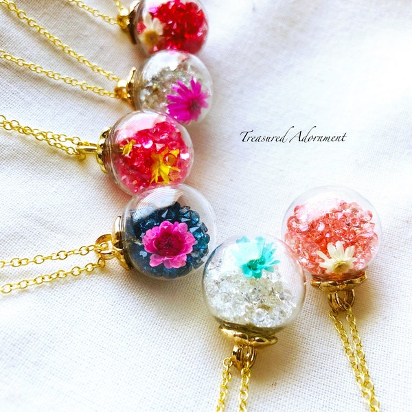 Glass Ball Necklace, Crystals, dried flower, Flower Necklace, Ramadan Eid gift , Thank you gift, birthday gift, Spring necklace photo props