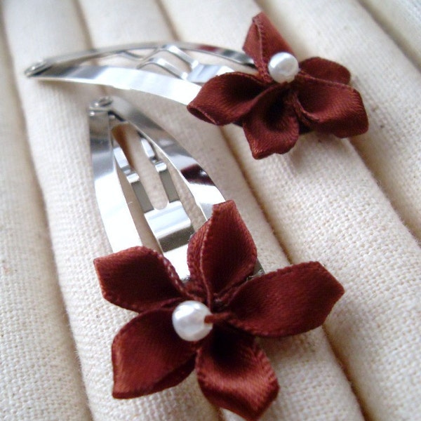 Maroon Ribbon Flower Snap Clips a set of 2, children, baby, wedding, flower girl, Pearl Hair pin, Easter Hair Accessory, Easter Outfit gift