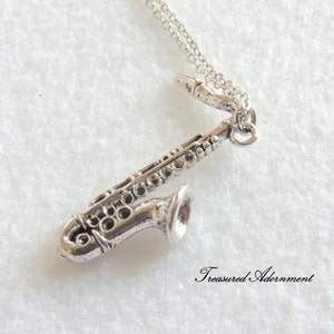 Saxophone Necklace, Silver tone,  Valentine&#39;s day gift, Thank you gift for Teacher, Sax Necklace, Music Instrument Necklace, Jazz lover
