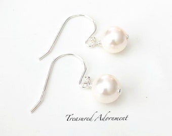 Pearl Drop Earrings, Sterling Silver, Austrian Crystal Pearl, White Pearl earrings, Bridal earrings, Bridesmaids Earrings, Thank you gift