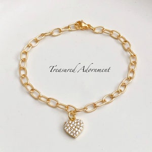 Herz Armband, Papierclip Armband, 18K Vergoldetes Armband, Zirkonia Ohrstecker Herz Charm, Gold Schmuck, Gold Herz, Herz Charm