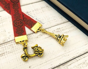 Bookmark, Paris Bookmark, Ribbon Bookmark, Maroon Ribbon, Eiffel Tower bookmark, Scooter charm, Planner, Thank you gift, planner Accessory