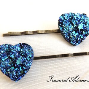 Metallic Blue Druzy Heart Bobby pins, Vintage Style Hair pins set of 2, Wedding, Something Blue Hair Accessories, Thank you gift, Prom Hair